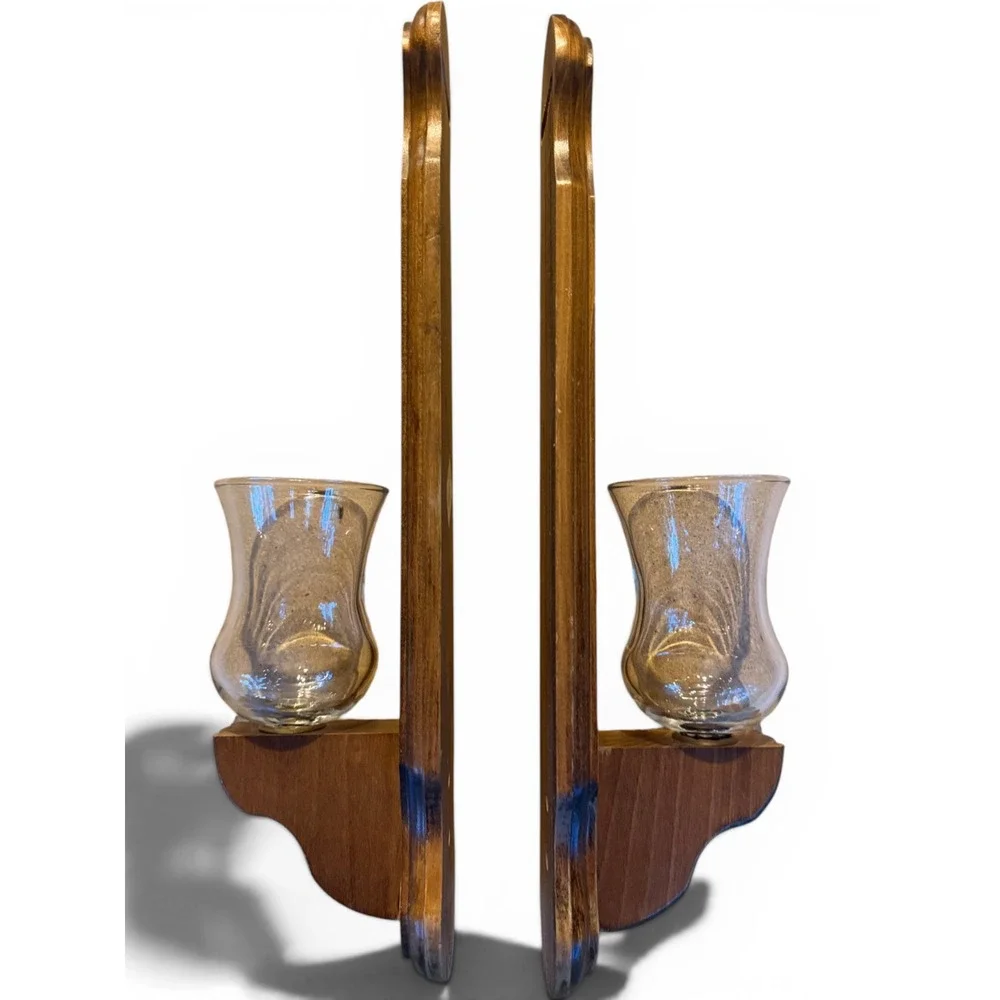 Vintage Pair Wooden Wall Sconce Candle Holders Carved Wheat | Early American